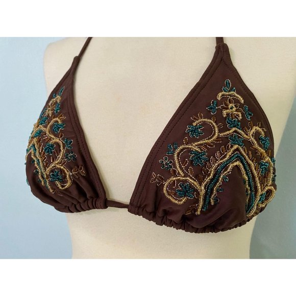 La Vie En Rose Brown Blue Beaded Triangle Bikini - Picture 5 of 5